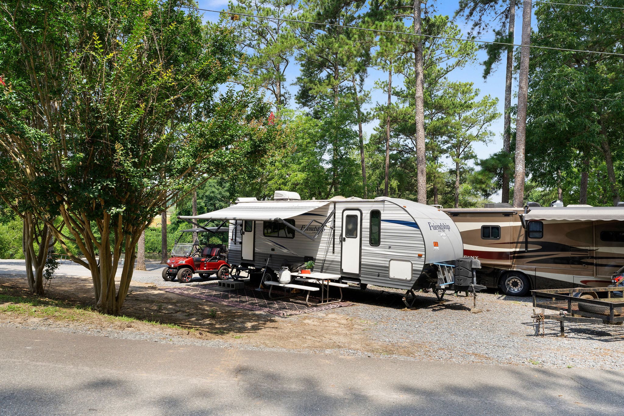 RV set up for an extended stay with a flag