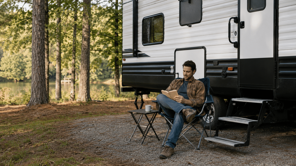 Traveler reading beside an RV during a relaxing stay in Central Georgia