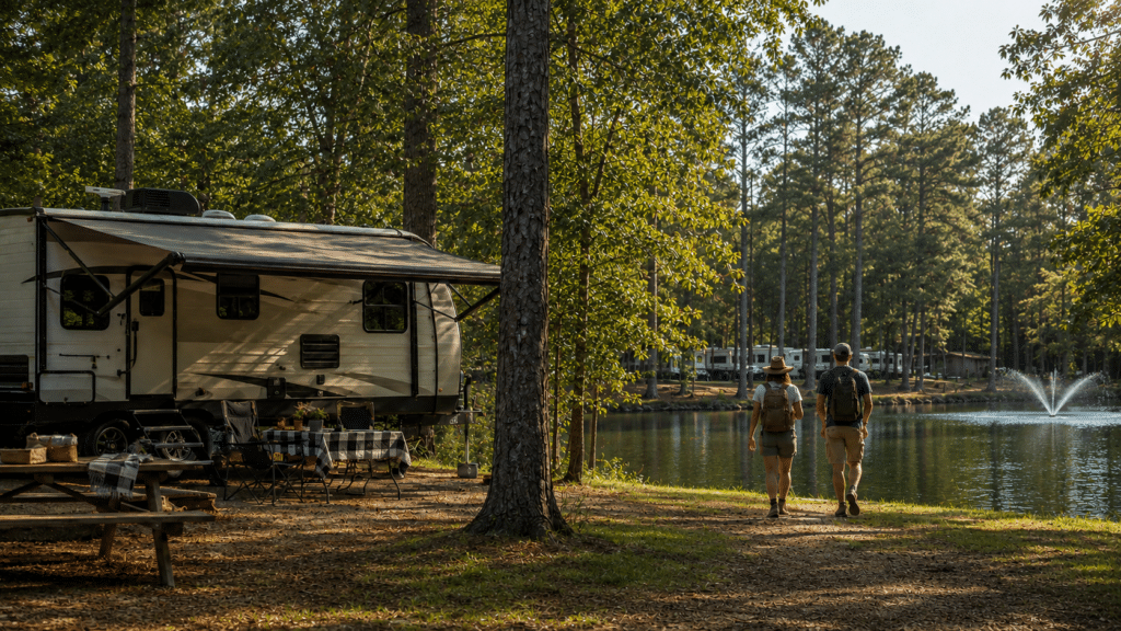 Couple walking beside a campground pond near their RV at Forsyth Station RV Resort