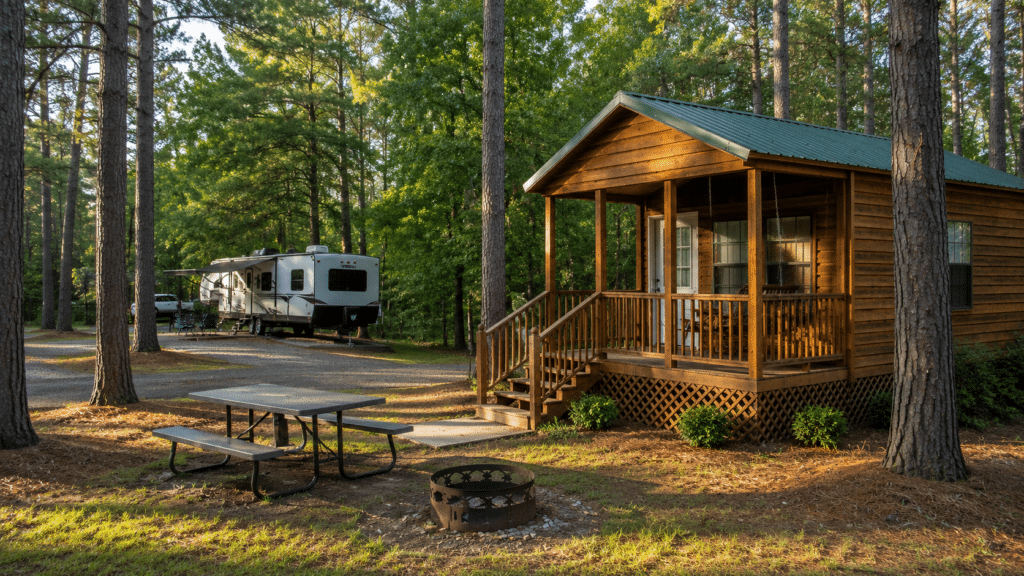 Camping cabin with a covered porch at Forsyth Station RV Resort in Central Georgia